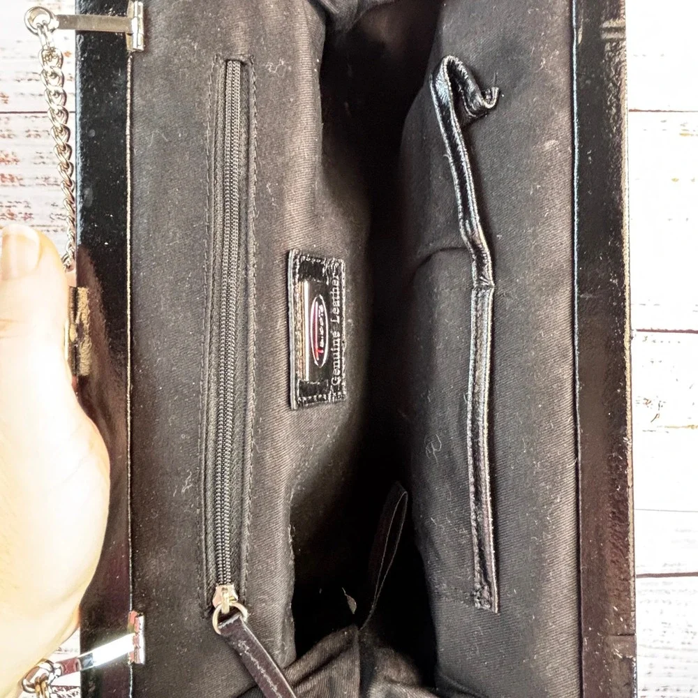 Vintage Talbots Black‎ Leather Gathered Frame Clutch Bag Silver Chain Strap